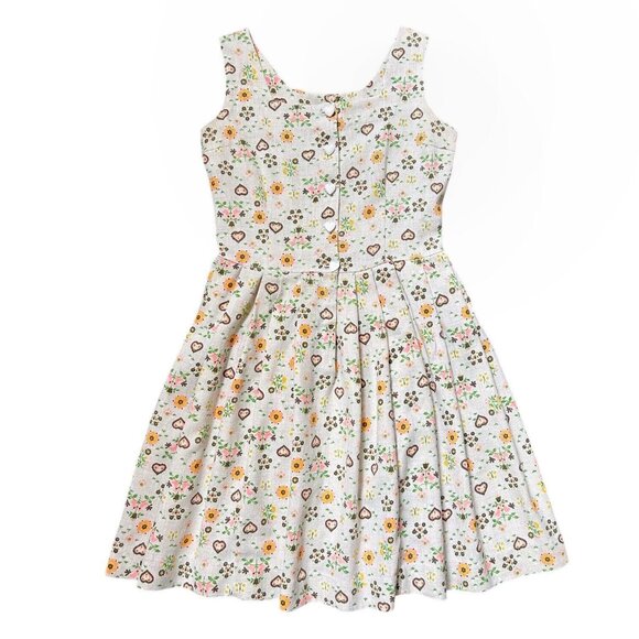 70s Vintage Novelty Print Dirndl Folk Dress Heart Pattern Twee Cottage Peasant. - Picture 1 of 13